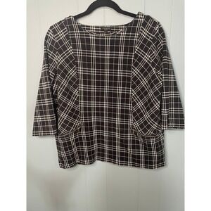 Talbots Plus Petite Top Black Plaid 3/4 Sleeve Zipper‎ Pockets